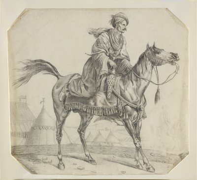 En mameluke, der sætter op på sin hest (sort kridt på papir) af Antoine Charles Horace Vernet