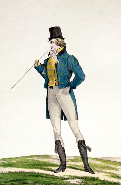 En dandy i en Robinson-hat, med barnlige krøller, strikbukser og ridestøvler, plade 5 i Incroyable et merveilleuse-serien af modeplader, indgraveret af Georges Jacques Gatine (1773-1831) af Antoine Charles Horace Vernet
