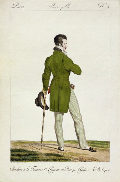 En dandy med en frisure som "Francois I" og en samling af charms og nipsgenstande, plade 3 i serien "Incroyable et merveilleuses" af modeplader, graveret af Georges Jacques Gatine (1773-1831) pub af Antoine Charles Horace Vernet