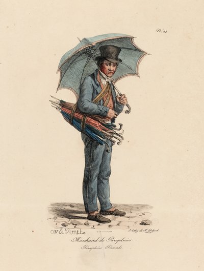Sælgeren af paraply og parasol, nummer 23 fra serien The Cries of Paris, graveret af Francois Seraphin Delpech (1778-1825) af Antoine Charles Horace Vernet