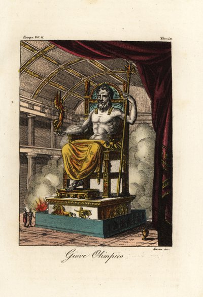 Statue af Zeus eller Jupiter ved Olympia, kæmpe siddende figur af den græske billedhugger Phidias omkring 435 f.Kr. ved helligdommen Olympia, Grækenland af Antoine Chrysostome Quatremère de Quincy