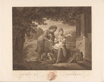Ung familie med hund Hymen et Bonheur (titel på objekt) af Antoine Claude François Villerey