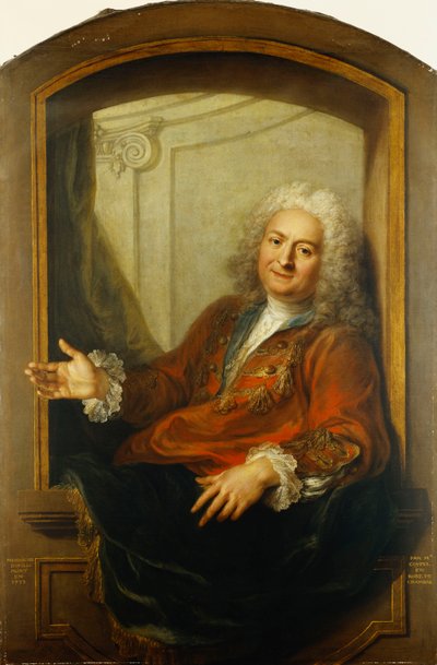 Portræt af Monsieur Dupille, midt på kroppen, i en kappe, der sidder på kanten af et vindue, 1733 af Antoine Coypel