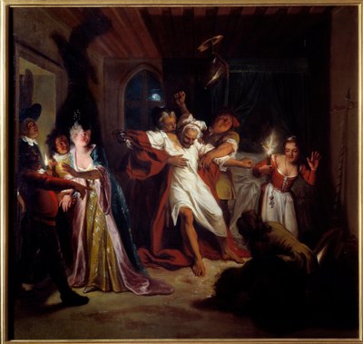 Sovende Don Quixote bekæmper skindene. "Den geniale gentleman Don Quixote fra La Mancha" af Miguel de Cervantes Saavedra (1547-1616). Maleri af Charles Antoine Coypel (1694-1752), mellem 1716. Olie på lærred. Mål: 1,23 x 1,28 m. Compiegne, Musee National af Antoine Coypel
