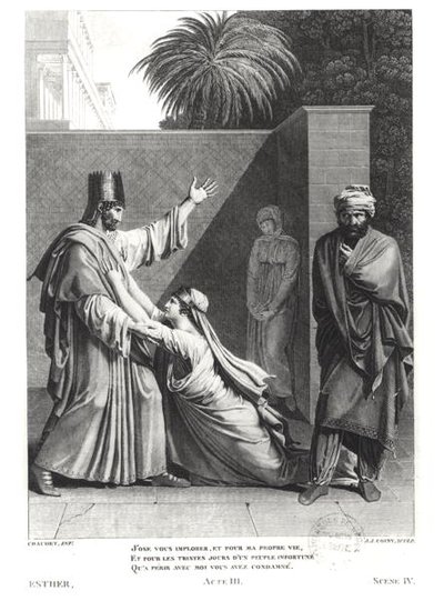 Esther bønfalder Assuerus in the Presence of Aman, illustration fra Esther af Jean Racine (1639-99) indgraveret af J.J. Coiny (1761-1809) af Antoine Denis Chaudet
