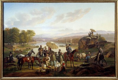 Stop for Lyon-kunstnere på Barbe Island i Lyon Malere og musikere hviler sig under en ridetur. Maleri af Antoine Duclaux (1783-1868) 1824 søn. 0,86x1,31 m Lyon, Musee des Beaux Arts af Antoine Duclaux