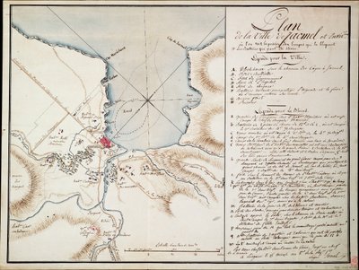 Omkring Jacmel, brugt til at angive linjer og stillinger, der blev besat under blokaden, og de batterier, der blev etableret for at opbygge det belejrede forsvar. af Antoine François Sorrel des Rivieres