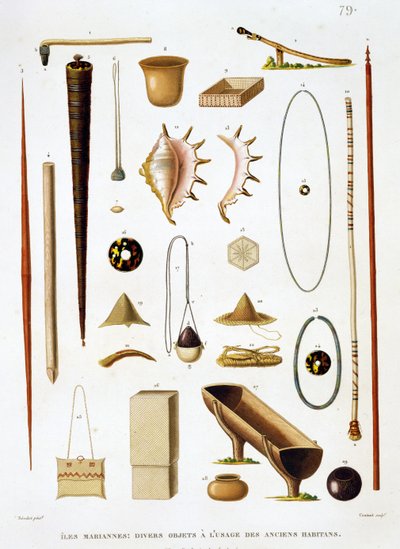 Husholdningsredskaber og våben fra Marianerne, fra Voyage autour du Monde (1817-20), af Louis Claude De Saulces de Freycinet (1779-1842) graveret af Jean Louis Denis Coutant (1776-1831), p. af Antoine Germain Bevalet