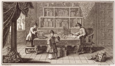 En kinesisk kalligrafibutik, fra en beretning om den hollandske ambassade i Kina, indgraveret af A. Maisonneuve, ca. 1670