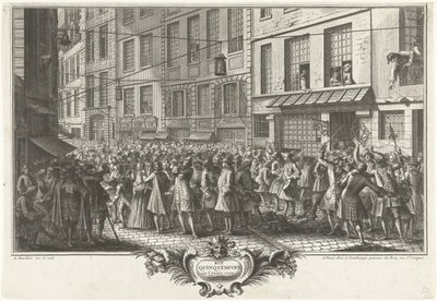 Fra Rue Quinquempoix, 1720 Rue Quinquempoix i år 1720 (titel på objekt) Het Groote Tafereel der Dwaasheid (serietitel) af Antoine Humblot