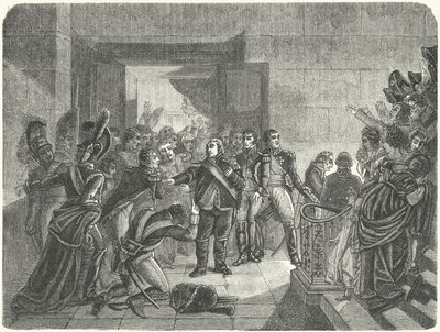 Ludvig XVIII forlader Tuileries-paladset efter at have hørt om Napoleons tilbagevenden til Frankrig fra Elba af Antoine Jean (after) Gros