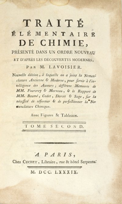 Titelblad for Traite Elementaire de Chimie, Tome II, udgivet i Paris, 1789 (tryk) af Antoine Laurent de Lavoisier