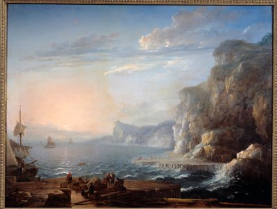 Solnedgang Et landskab af klipper og klipper på havet, med fiskere i forgrunden. Maleri af Antoine Lebel (1705-1793) 1700-tallet søn. 0,9x1,16 m Rouen, musee des Beaux Arts af Antoine Lebel