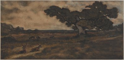 Bukke nær et træ (wc på papir) af Antoine Louis Barye