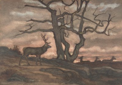 Hjort og træ mod solnedgang, 1810-75. af Antoine Louis Barye