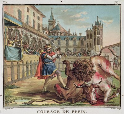 The Courage of Pepin (714-68), graveret af Jean Baptiste Morret (fl. 1790-1820) 1789 (farvet stik) af Antoine Louis Francois (after) Sergent Marceau