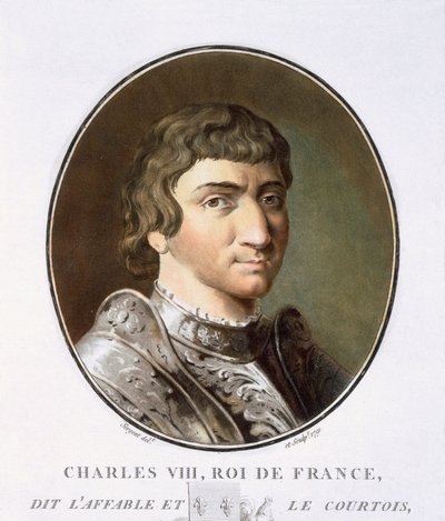 Karl 8., fra Portraits des grands hommes, femmes illustres, et sujets memorables de France, grave et imprimes en couleurs, udgivet af Pierre Blin, 1786-92, Paris (farvestik) af Antoine Louis Francois Sergent-Marceau