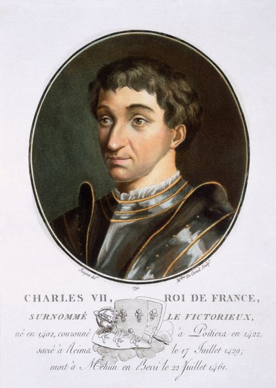 Charles VII, fra Portrætter af store mænd, berømte kvinder og mindeværdige motiver fra Frankrig, indgraveret og trykt i farver, udgivet af Pierre Blin, 1786-92, Paris (farvegravering) af Antoine Louis Francois Sergent-Marceau