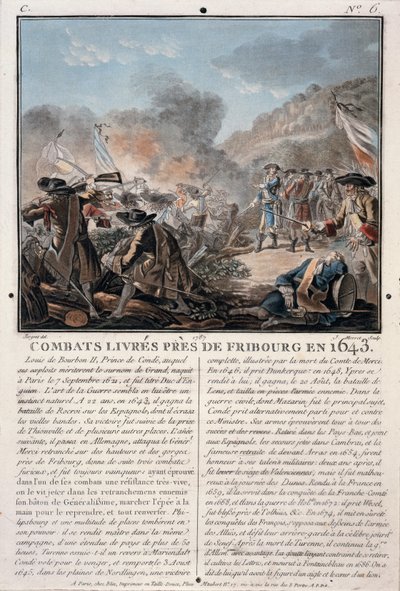 Kamp nær Freiburg, 1643, indgraveret af Jean Baptiste Morret (fl.1790-1820), 1787 (farvet litho) af Antoine Louis Francois Sergent-Marceau