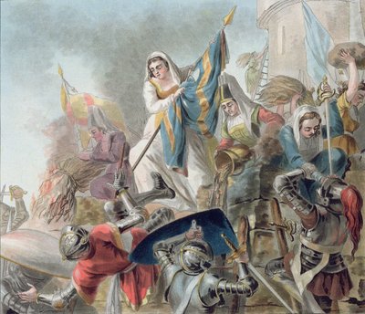 Jeanne Laisne rejser en standard mod mændene i Bourgogne, indgraveret af Morret (fl. 1790-1820) 1787 af Antoine Louis Francois Sergent-Marceau