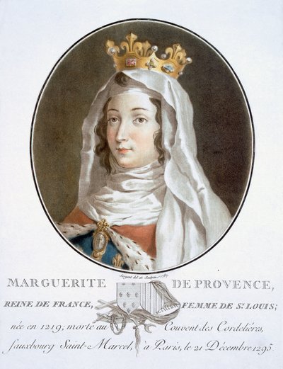 Marguerite de Provence, fra Portrætter af store mænd, berømte kvinder og mindeværdige motiver fra Frankrig, indgraveret og trykt i farver, udgivet af Pierre Blin, 1786-92, Paris (farvegravering) af Antoine Louis Francois Sergent-Marceau