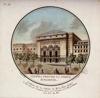 Operaen bygget i henhold til tegningerne af arkitekten Le Noir nær Porte Saint Martin i Paris i dag teateret i Porte Saint Martin. I prittoresque udsigt over hovedbygningerne i Paris af sergent af Antoine Louis Francois Sergent-Marceau