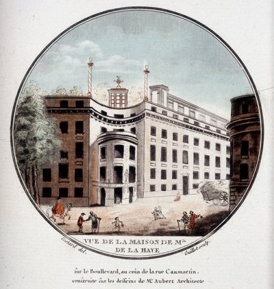Udsigt over Monsieur de La Hayes hus på hjørnet af Rue Caumartin, Paris, bygget efter tegninger af arkitekt Aubert. I pittoresque udsigt over hovedbygningerne i Paris af sergent af Antoine Louis Francois Sergent-Marceau