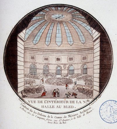 Udsigt over det indre af den nye markedshal bygget af Le Camus de Mézières mellem 1763 og 1766, i dag børsen i Paris. I prittoresque udsigt over hovedbygningerne i Paris af sergent af Antoine Louis Francois Sergent-Marceau