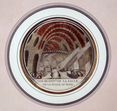 Udsigt over det indre af den nye markedshal bygget af Le Camus de Mézières mellem 1763 og 1766, i dag børsen i Paris. I prittoresque udsigt over hovedbygningerne i Paris af sergent af Antoine Louis Francois Sergent-Marceau