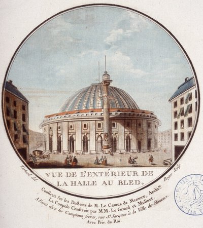 Udsigt til ydersiden af hvedemarkedet, Paris bygget af Le Camus de Mézières mellem 1763 og 1766, i dag børsen i Paris. I prittoresque udsigt over hovedbygningerne i Paris af sergent af Antoine Louis Francois Sergent-Marceau