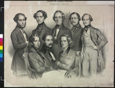 Gruppe af berømte pianister (litografi) af Antoine Maurin