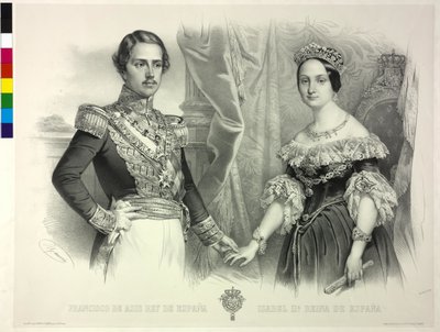 Dronning af Spanien og hendes mand Franz Isabella II (litografi) af Antoine Maurin
