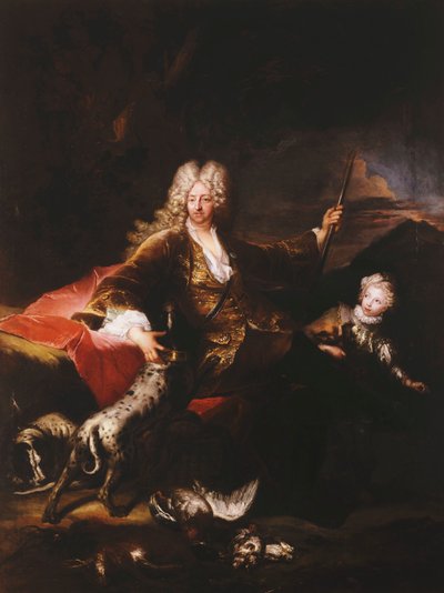 Portræt af Marchese Paolo Corbelli, fuld længde, siddende på en bred ved kanten af en skov, 1709 af Antoine Pesne