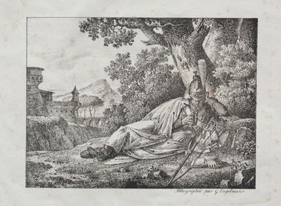 Samling af litografiske essays: Rygende drage ligger ved foden af ​​et træ af Antoine Pierre Mongin