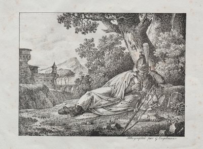 Samling af litografiske essays: Rygende drage ligger ved foden af ​​et træ, 1822. af Antoine Pierre Mongin