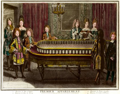 Philippe af Frankrig, hertug af Anjou, dengang konge af Spanien (1683-1746), Charles, hertug af Berry (1686-1714) og prins af Wales spiller portik i Louis XIV
