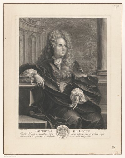 Portræt af Robert de Cotte læner sig op ad en bog i klassisk arkitektur Robert De Cotte (titel på objekt) af Antoine Trouvain