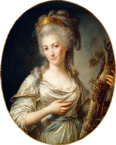 Portræt af en dame, der siges at være prinsessen de Lamballe, stående trekvart lang, iført en hvid kjole med blå skærf, af Antoine Vestier