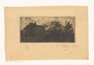 Landskab med huse bag et hegn og træer i forgrunden af Antoine Vollon (signed by artist)