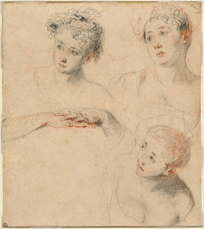 Tre studier af en kvindes hoved og en undersøgelse af hænder [recto] af Antoine Watteau