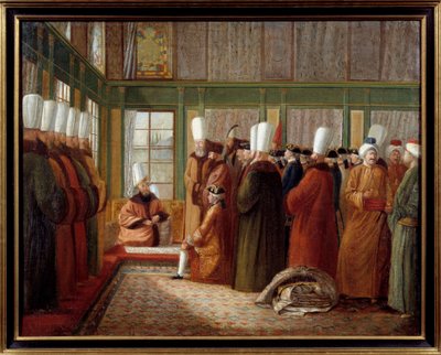 Det Osmanniske Rige: "" Modtagelse af storvesiret af en ambassadør for Frankrig i tjeneste for kong Ludvig XVI i Tyrkiet"" Maleri af Antoine de Favray (1706-1791) 1700-tallets Marseille, Musee de la Marine - Det Osmanniske Rige: Modtagelse af en fransk amb af Antoine de Favray