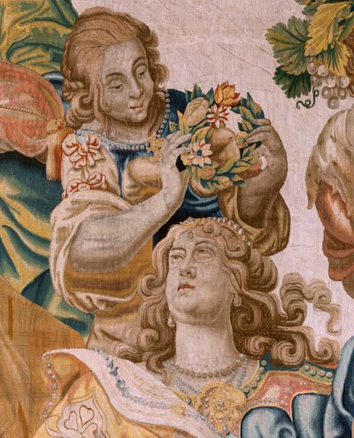 flamsk gobelin. Serien Story of Theseus. Bacchus tager Ariadne som sin kone (Baco toma a Ariadna por esposa). Niende gobelin i serien. Model Anthonis Sallaert. Fremstilling Jan Raes den yngre, Bruxelles. Ca 1630. ; Stof Silke og uld. Størrelse 392 x 45 af Antoine or Anthonis Sallaert
