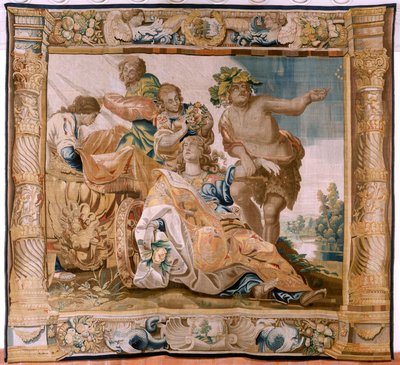 flamsk gobelin. Serien Story of Theseus. Bacchus tager Ariadne som sin kone (Baco toma a Ariadna por esposa). Niende gobelin i serien. Model Anthonis Sallaert. Fremstilling Jan Raes den yngre, Bruxelles. Ca 1630. ; Stof Silke og uld. Størrelse 392 x 45 af Antoine or Anthonis Sallaert