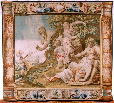 flamsk gobelin. Serien Story of Theseus. Theseus forlader Ariadne på øen Naxos (Teseo abandona a Ariadna en la Isla de Naxos). Ottende gobelin i serien. Model Anthonis Sallaert. Fremstilling Jan Raes den yngre, Bruxelles. Ca 1630. Stof S af Antoine or Anthonis Sallaert