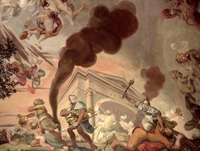 Fredens triumf over krigen, detalje af soldater, der plyndrer et tempel, fra loftet i hovedsalen af Anton Agelo Bonifazi