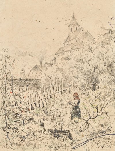 Bondepige i haven, bag hendes kirke og landsby af Anton Brioschi