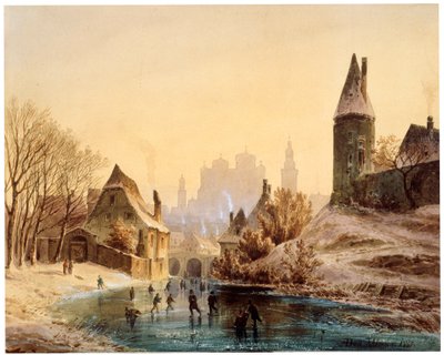 Skøjtebane ved en flod, 1855. af Anton Doll