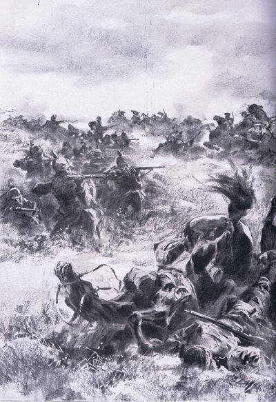 Nederlag til den 14. russiske kavaleribrigade ved Praszysz, fra The Illustrated History of the World War 1914-1915 pub. af Union Berlagsefellfchaft af Anton Hoffman