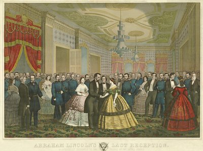 Abraham Lincolns sidste reception, pub. 1865 (håndfarvet litho) af Anton Hohenstein