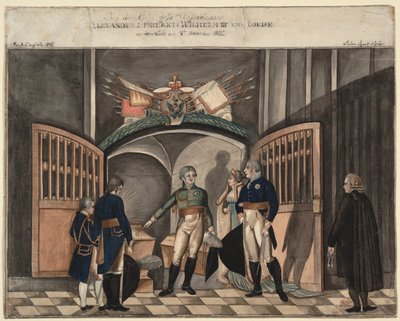 I nærheden af Frederik den Stores aske. Zar Alexander I, Kong Frederik Vilhelm III og Louise af Pr af Anton Ignaz Vogel